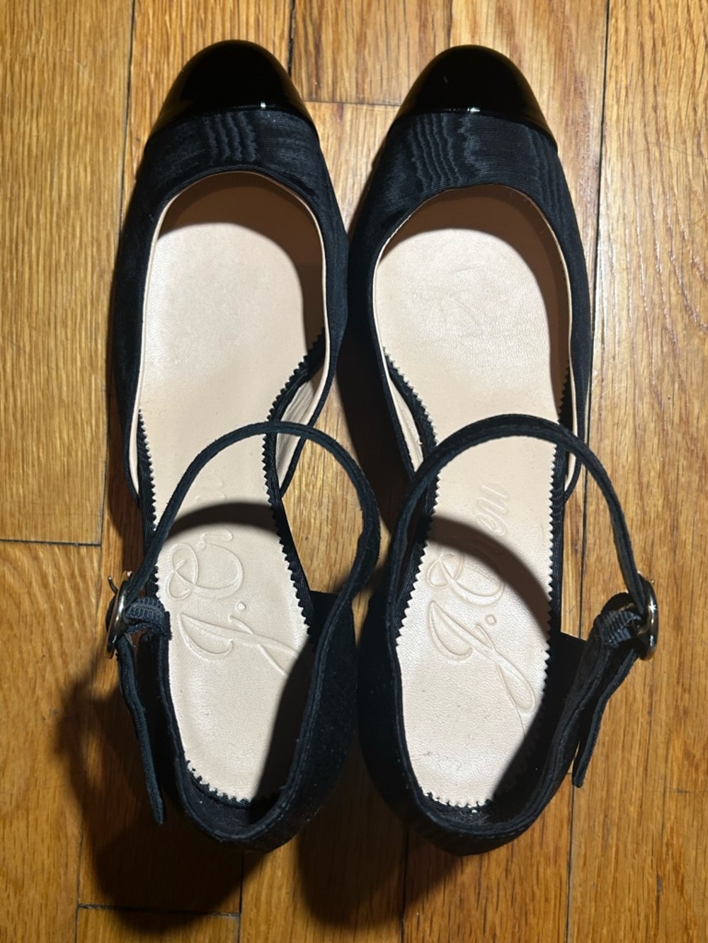 J. Crew Black Moiré & Patent Cap Toe Block Heel Flat Size 7.5